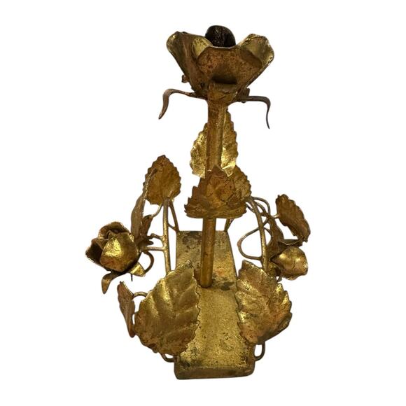 Vintage 1950s 1960s Hollywood Regency Gilded Gold Metal Rose Floral Candlestick - Picture 4 of 7